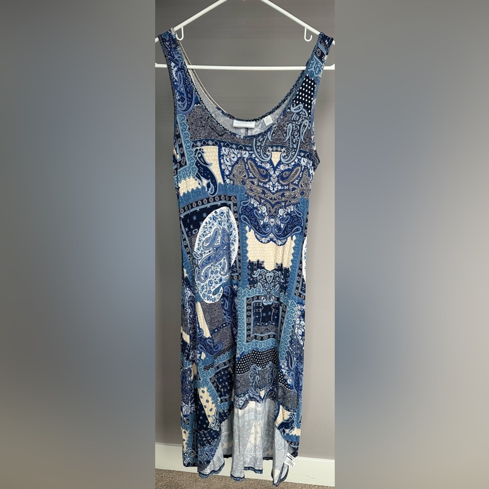 New York & Company Size XS Blue and White Sleeveless High Low Dress